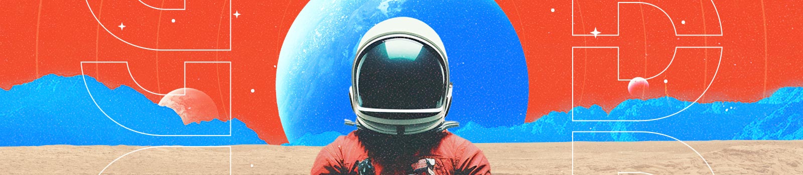 An astronaut is in the center of an image with an abstract moon surface, red sky and Dallas College logos