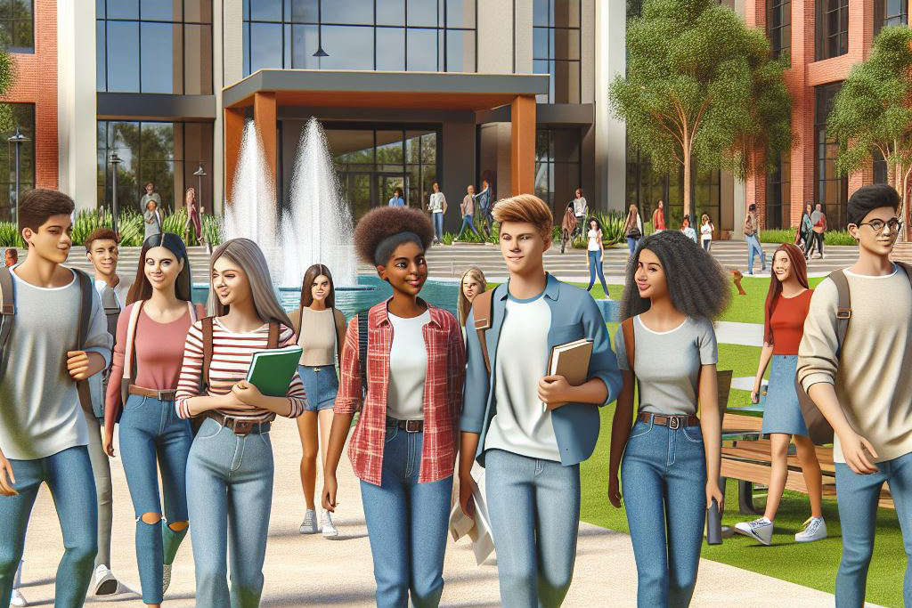 Group of students walking in front of the campus