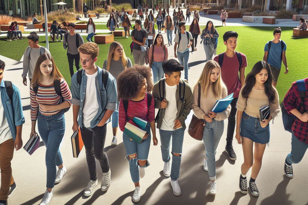 Group of students walking in front of the campus