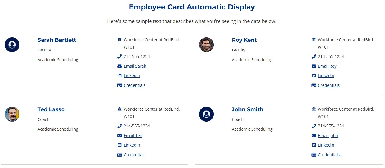 Screenshot example of Employee Card Automatic Display content type