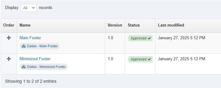 Screenshot showing example order of footer content types in section