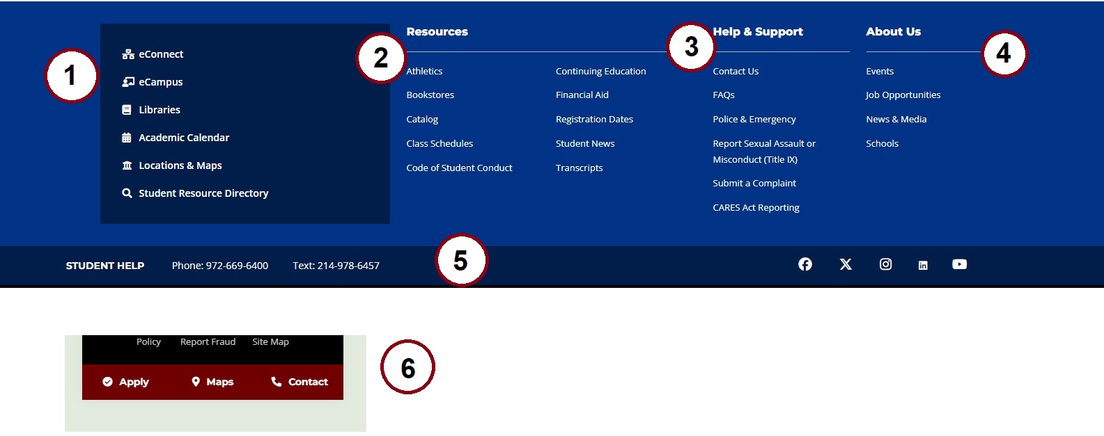 Screenshots showing annotated main footer on desktop and additional links shown on mobile