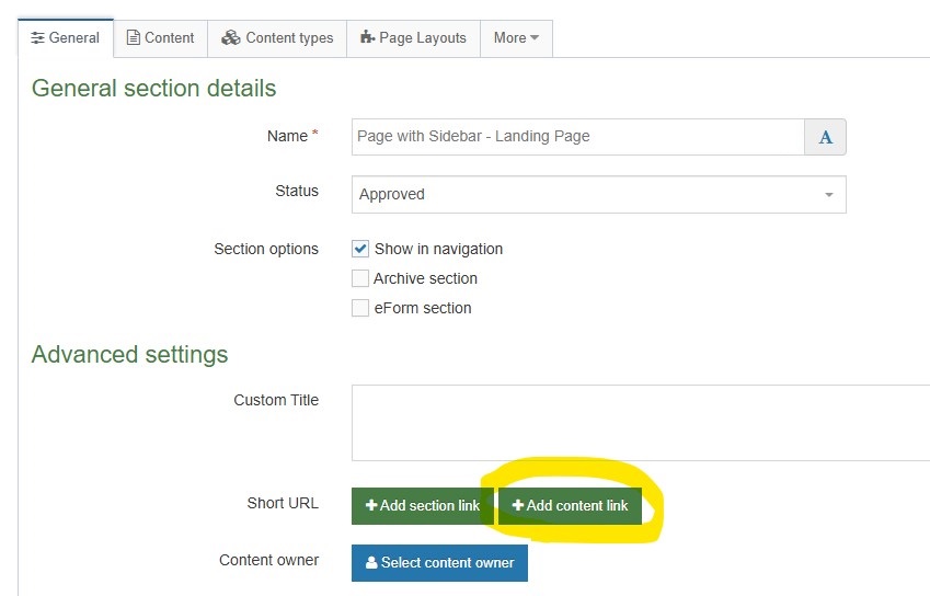 Screenshot showing Short URL element on a section