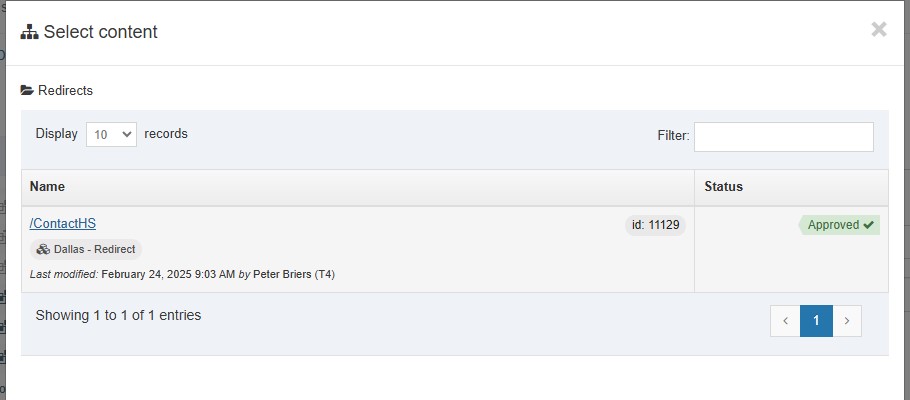 Screenshot showing redirect content item in Site Structure modal