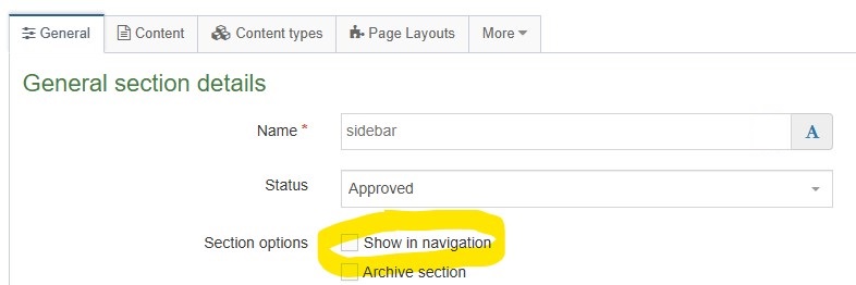 Screenshot showing example sidebar section set up