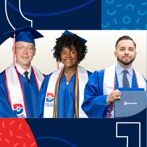three students wearing graduation regalia