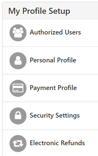 vertical menu with options top to bottom: authorized users, personal profile, payment profile, security settings, electronic refunds