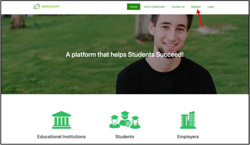 The homepage of GreenLight Credential Locker, with an arrow pointing to Register in the top right. 
