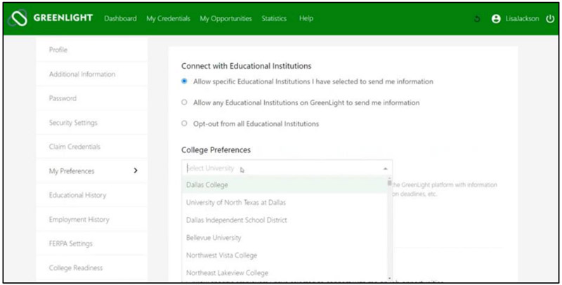The section shows a checked box for 'Allow specific educational institutions on GreenLight to send me information.'