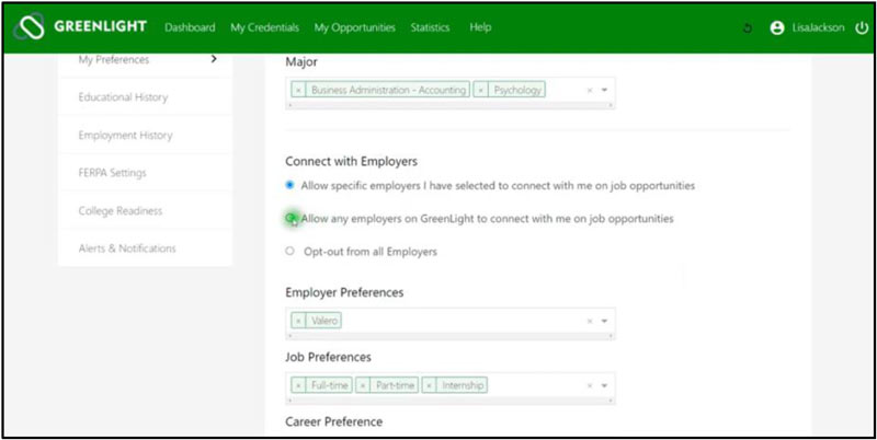 Section shows Connect with Employers. The first option shows 'Allow specific employers I have selected to connect with me on job opportunities'