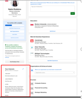 In the student's Handshake profile, the lower left corner is the area for Your Interests highlighted by a red box in the image.
