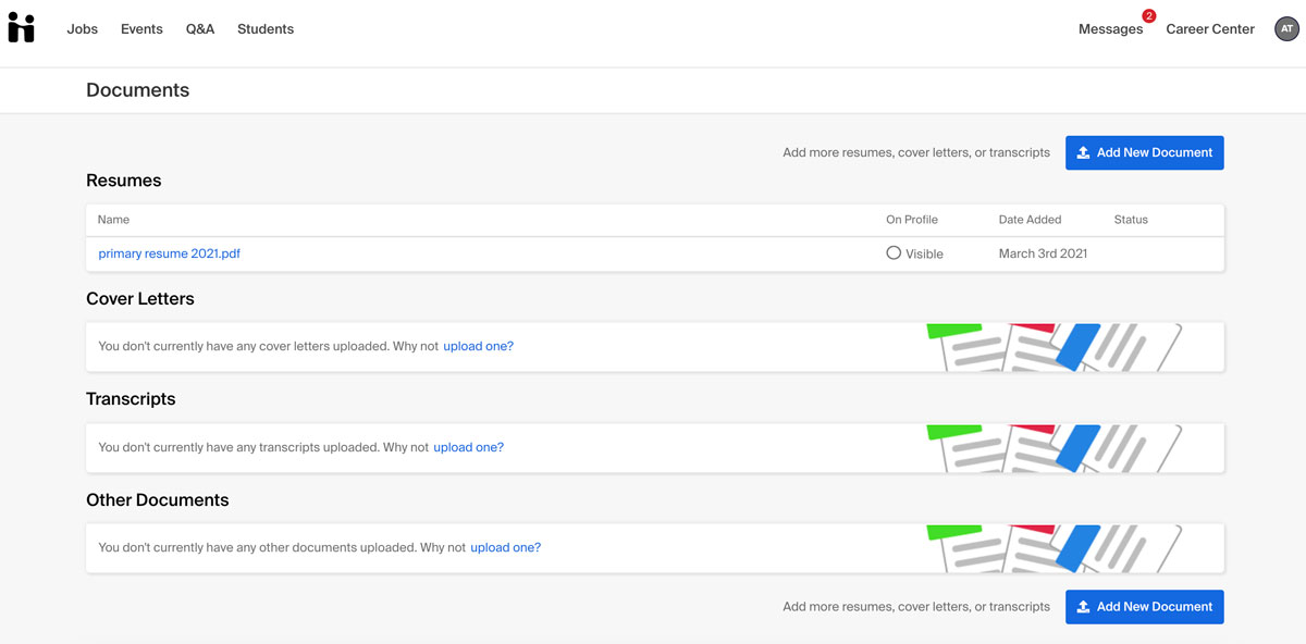 A screenshot of the Documents page in student's profile. It has sections for Resumes, Cover Letters, Transcripts, and Other Documents.