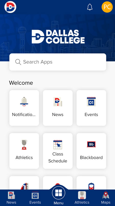 A screenshot of the Dallas College app with icons for notifications, news, events, athletics, class schedule, blackboard and maps.