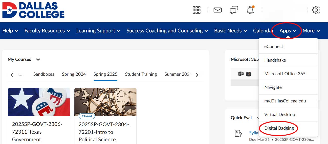 screenshot of the ecampus student menu with apps circled in red and digital badging circled in red