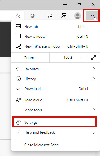 Screenshot of settings dropdown list with the settings icon highlighted as well as the Settings option.