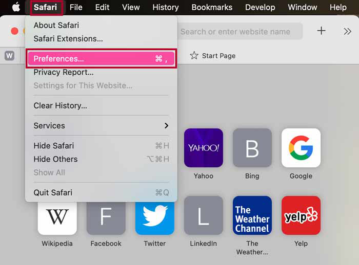 Screenshot of Safari browser with Safari menu with the Preferences option highlighted.