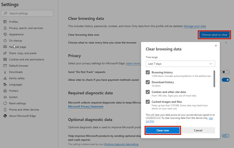 Screenshot of Settings page with Clear browsing data dialog box open. The clear now button is highlighted.