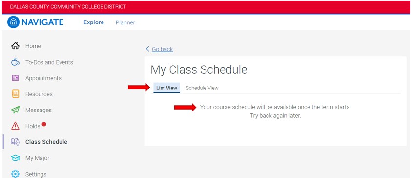 The default class schedule option is for List View. In this example, there are no classes available to view. When available,  classes will be shown in a vertical list.
