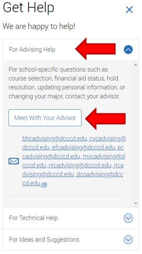 For Advising Help menu item. To schedule an advising appointment click Meet With Your Advisor. Also available are links to the a