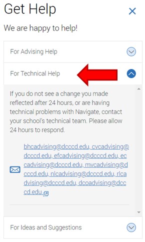 For Technical Help menu item. Explanation that Navigate requires 24 hours to reflect changes on a student record. Also available