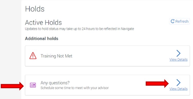 The last item listed in the Active Holds states Any Questions? Schedule some time to meet with your advisor. To schedule an appointment, click the link in this section View Details.