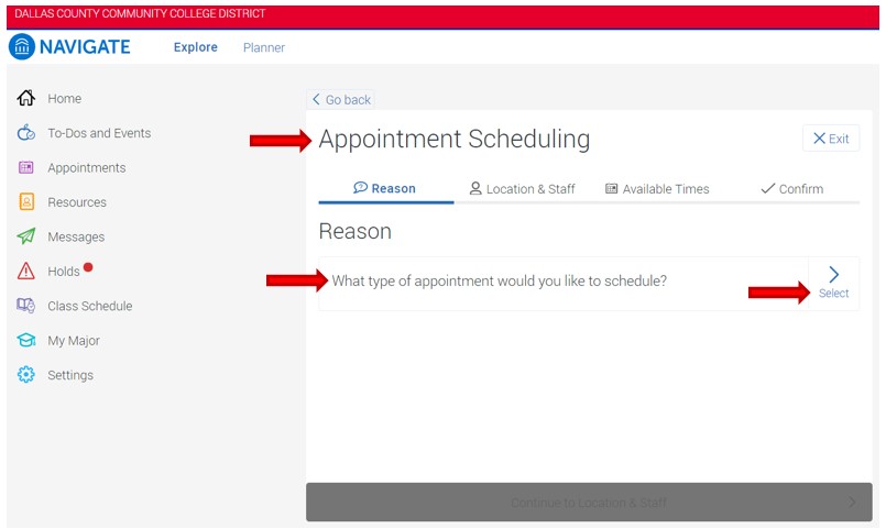 The first page of the Appointment Scheduling page is open, showing the appointment reason prompt.