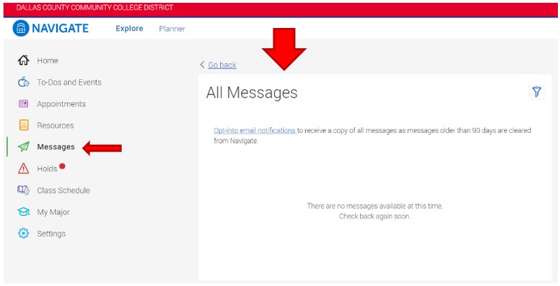From the Navigate links, select Messsages to view messages. In this example, there is a statement that the student has not yet opted-in to receive messages.