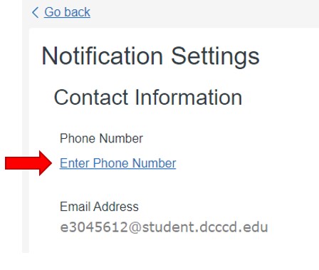 Notification Settings opens and first there is an option to enter a phone number. Click the link Enter Phone Number to add a phone number.