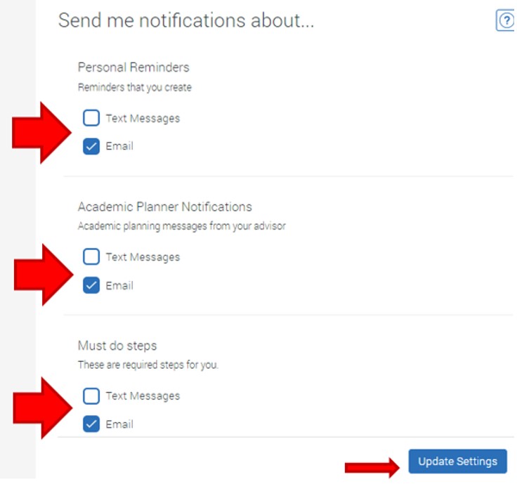 Under the section Send me notifications about... there are options to click the checkboxes to the left of each item and receive text messages and email for Personal reminders, Academic Planner Notifications, Must do steps. An empty checkbox equals opt-out, a checked checkbox equals opt-in. At the bottom right corner of the page select button Update Settings to accept settings.