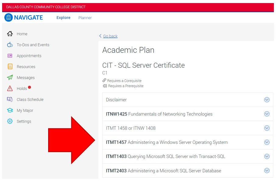 A new page opens showing a list of the required classes for this major. Each class has a drop-down menu option to view a description of the class.