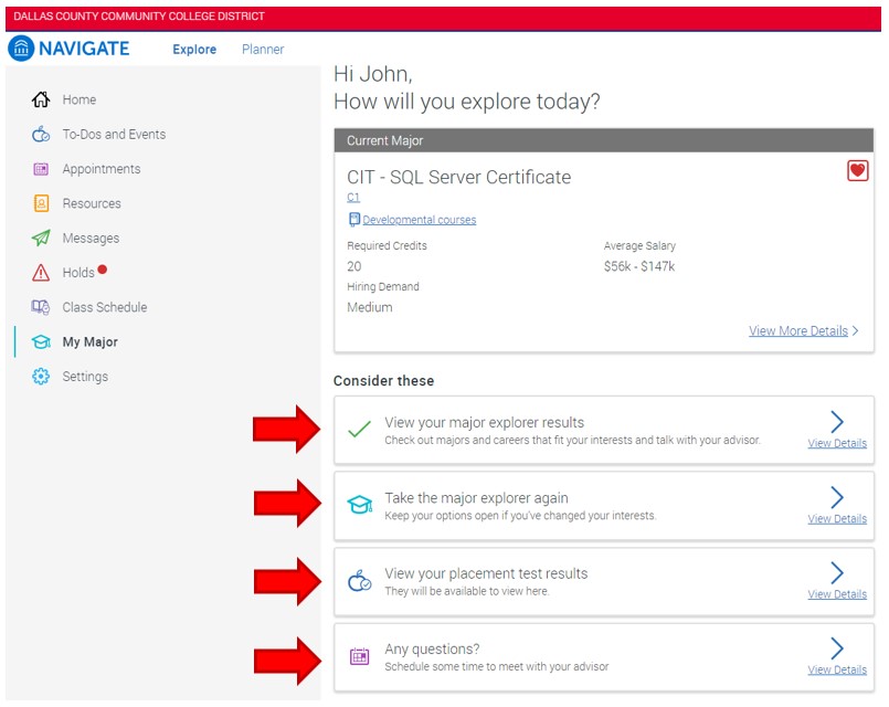 Under the Current Major box, the Consider these section provides four additional links.