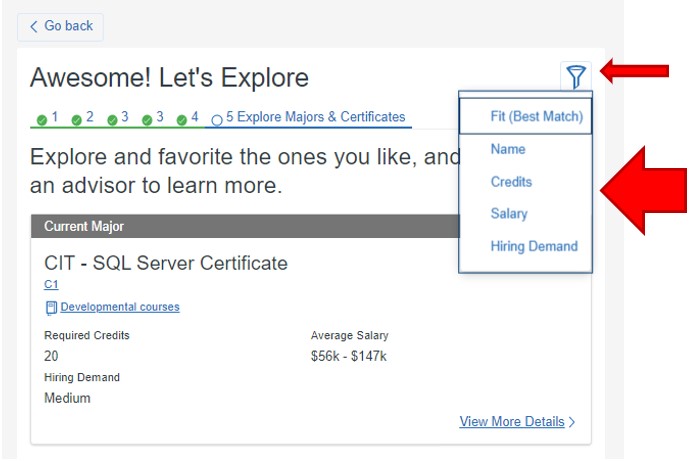 The last page of the Major Explorer assessment opens. Notice the top right corner of this page contains a filter icon. Filter options include: Fit (Best Match), name, credits, salary, hiring demand.
