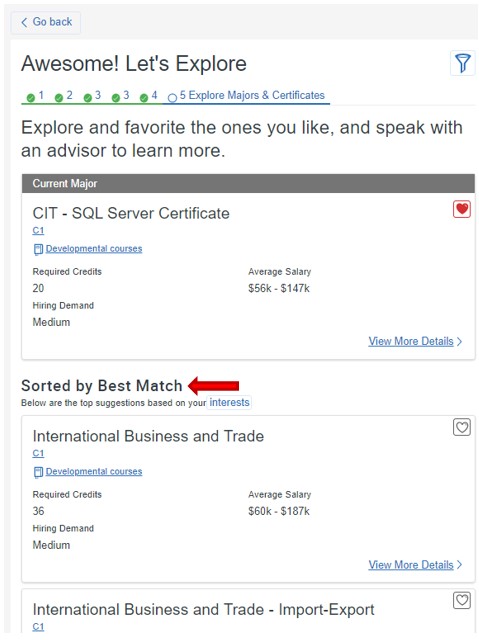 Below the current major box is a section titled, Sorted by best match showing majors available at Dallas College most related to student interests.