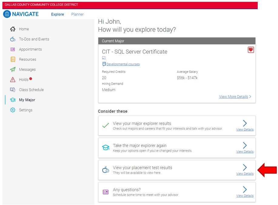 The third link under Consider these states, View your placement test results. Click the link View details.