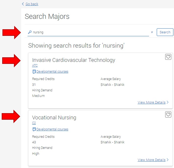 Nursing is typed in the search textbox. Related majors (programs of study) for nursing are shown in a vertical list, starting with Invasive Cardiovascular Technology, then Vocational Nursing.