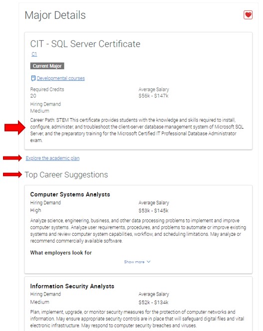 A new page opens with an additional description of career path for this major, followed by a link Explore the academic plan, then by the section Top Career Suggestions, having a list and details of career options related to this major.