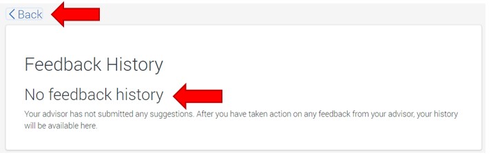 This example states, No feedback history. Click the hyperlink <Back to return to previous screen.