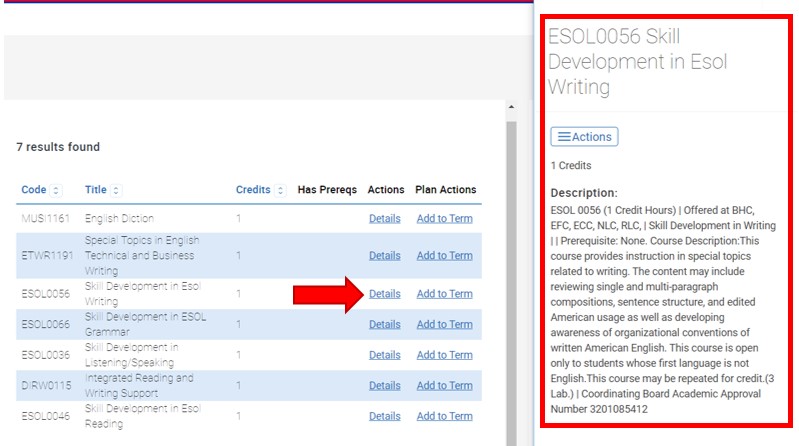 From the search results of seven classes, click the Details link for ESOL 0056. The Details pop=up menu appears on the far right side of the screen, with a description of the course.