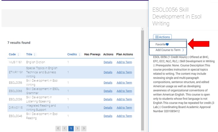 In the details pop-up message for ESOL 0056, click the Actions button, then click notice there is an option to choose this class as a Favorite or to Add Course to Term