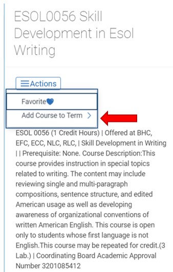 ESOL 0056 course details pop-up. Under Actions menu, click Add Course to Term.