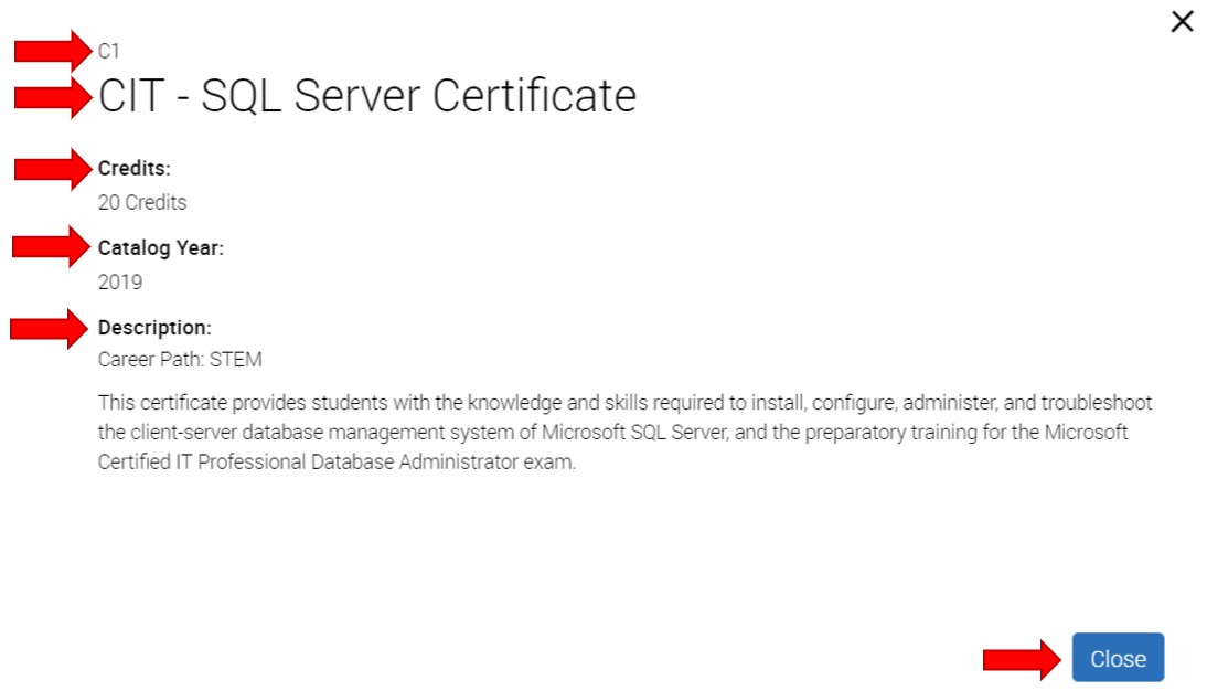 Details shown for Program of Study CIT - SQL Server Certificate. Details include Credential Type, Program of Study name, total credit hours for completion, catalog year and brief description about this career path.