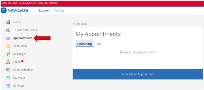From the Navigate links, select Appointments to start scheduling an appointment. The default appointment screen is set to Upcoming appointments.