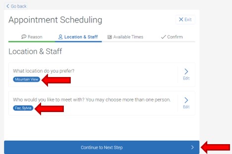The appointment location and staff confirmation screen will appear. Review the selections. To continue, click the button Continue to next step. 
