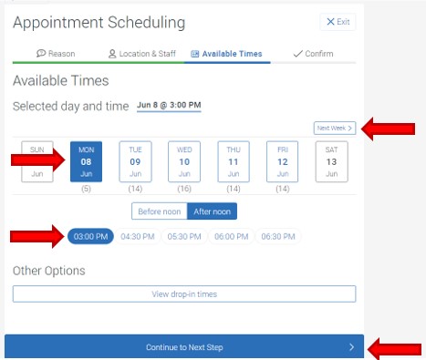 Select from the available appointment days and times. The first available day and times are shown. The Next Week link is available to advance one week into the future. In this example, options selected are: Monday June 8, Afternoon Appointment times, 3:00 PM. To continue, click the button Continue to next step.