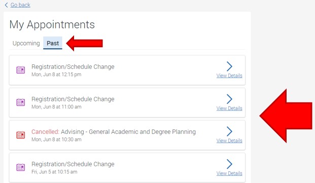 Click the Past tab to review previous scheduled appointments. This information will show appointments that were completed and appointments that were cancelled.