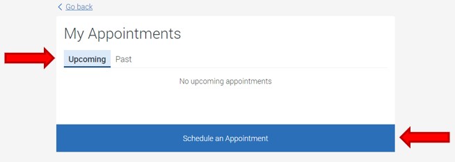 Select the Upcoming tab to return to the appointment scheduling screen. Click the button Schedule an Appointment to continue.