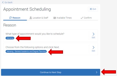 The Appointment type and reason confirmation screen will appear. Review the selections. To continue, click the button Continue to next step.
