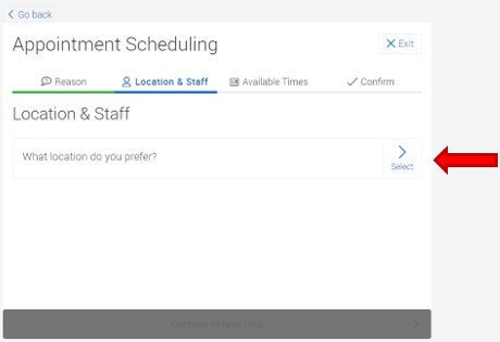 Appointment Location question prompt What location do you prefer? To continue, click the link Select.