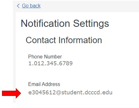 Student official email address, which is the letter e in front for the student identification number, followed by @student.dcccd.edu.