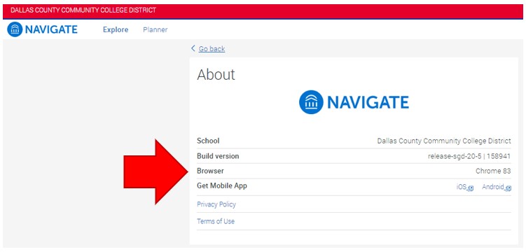 Highlighted is the read only information showing this example as school (Dallas County Community College District), app build version (release-sgd-20-5 | 158941), and the browser used to access the app (Chrome 83).